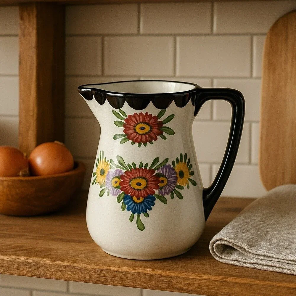 Vintage German Hand-Painted Floral Ceramic Pitcher 5” – Crackle Glaze, Black Rim